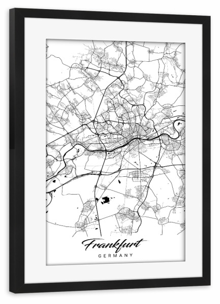 Poster mit Rahmen schwarz "Frankfurt CityMap" artboxONE - Schwarzweiß,Städte / Frankfurt,Kartografie
