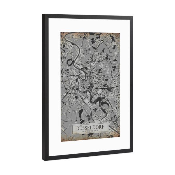 Poster mit Rahmen Schwarz (Metallic) "Düsseldorfer Vintage Stadtplan" artboxONE - Städte / Düsseldorf,Kartografie