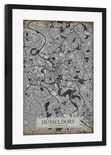 Poster mit Rahmen schwarz "Düsseldorfer Vintage Stadtplan" artboxONE - Städte / Düsseldorf,Kartografie