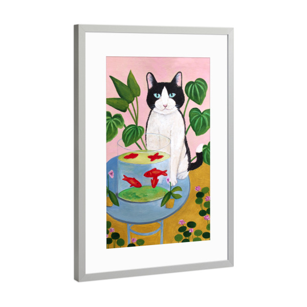 Poster mit Rahmen Silber "Katze und Goldfisch" artboxONE - Floral,Tiere