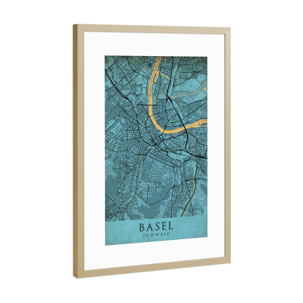 Poster mit Rahmen Gold "Basler Vintage Stadtplan" artboxONE - Städte,Kartografie