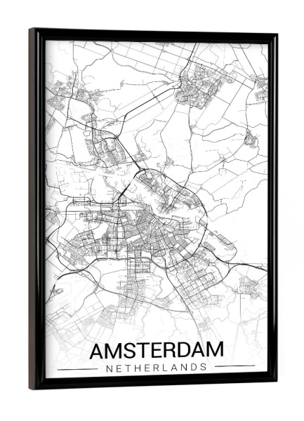 Poster mit schwarzem Rahmen "Stadt Amsterdam Map" artboxONE - Schwarzweiß,Städte / Amsterdam,Kartografie