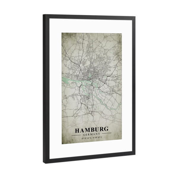 Poster mit Rahmen Schwarz (Metallic) "Hamburg Vintage CityMap" artboxONE - Städte / Hamburg,Kartografie