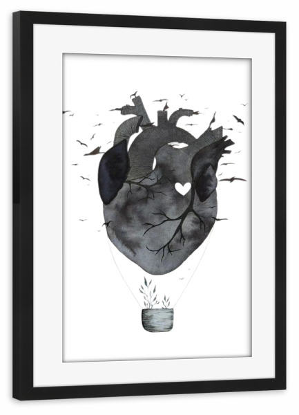 Poster mit Rahmen schwarz "Black heartballoon" artboxONE - Abstrakt,Schwarzweiß,Fiktion