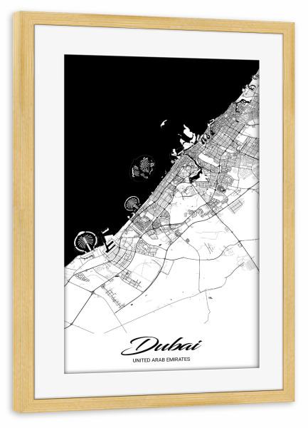 Poster mit Rahmen kiefer "Dubai City Map" artboxONE - Schwarzweiß,Städte / Dubai,Kartografie