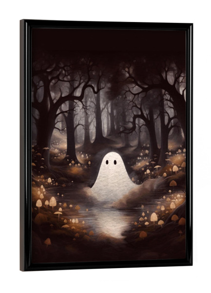 Poster mit schwarzem Rahmen "Geist zwischen Pilzen" artboxONE - Halloween - Halloween,Geist,Pilz,Natur,Süßes oder saures