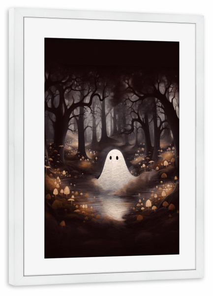 Poster mit Rahmen weiß "Geist zwischen Pilzen" artboxONE - Halloween - Halloween,Geist,Pilz,Natur,Süßes oder saures