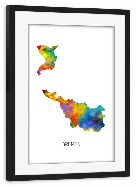 Poster mit Rahmen schwarz "Bremen-Aquarell-Staatskarte" artboxONE - Kartografie - Bremen,Karte,Aquarell,Malerei,Deutschland,Landeskarte