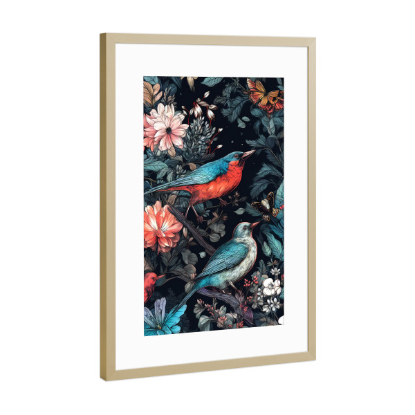 Poster mit Rahmen Gold "Blumen und Vögel Kunst A" artboxONE - Natur,Floral - Natur,Vogel,Vögel,Blumen,Blumen,Botanisch,Blumen