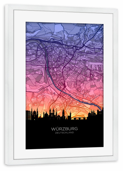 Poster mit Rahmen weiß "Würzburg Skyline Karte" artboxONE - Städte,Kartografie