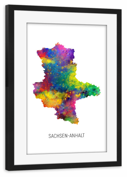 Poster mit Rahmen schwarz "Landeskarte Sachsen-Anhalt" artboxONE - Kartografie - Sachsen-anhalt,Karte,Aquarell,Malerei,Deutschland,Landeskarte