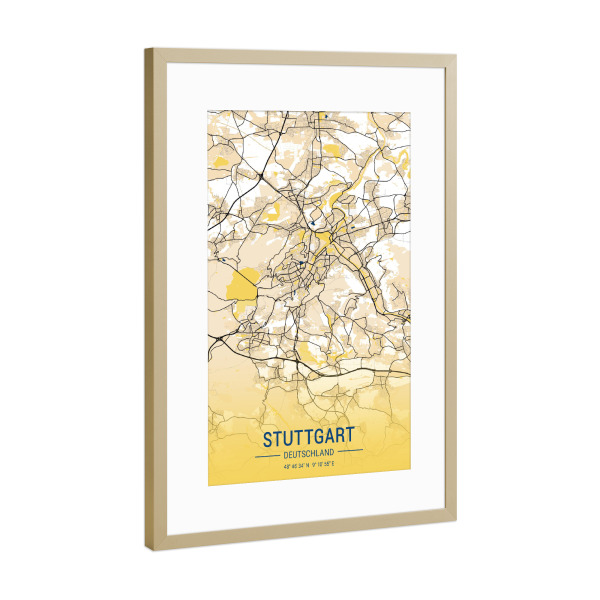 Poster mit Rahmen Gold "Stadtplan Stuttgart" artboxONE - Städte / Stuttgart,Kartografie