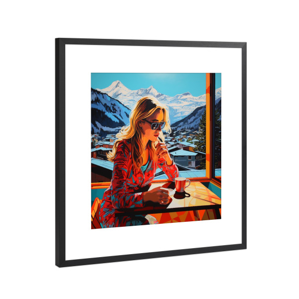 Poster mit Rahmen Schwarz (Metallic) "KAFFEE IN DEN ALPEN" artboxONE - Natur,Reise,Für Mama - Alpen,Kaffee,Morgen,Frau,Landschaft,Schweiz