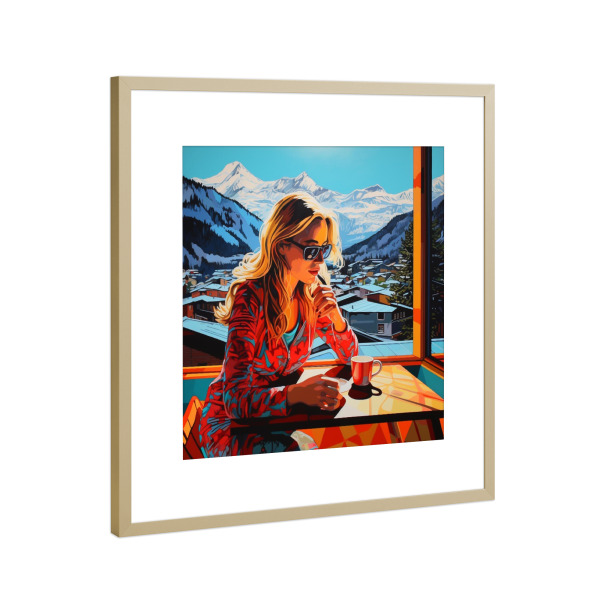 Poster mit Rahmen Gold "KAFFEE IN DEN ALPEN" artboxONE - Natur,Reise,Für Mama - Alpen,Kaffee,Morgen,Frau,Landschaft,Schweiz