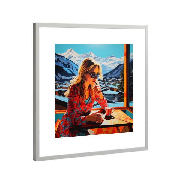 Poster mit Rahmen Silber "KAFFEE IN DEN ALPEN" artboxONE - Natur,Reise,Für Mama - Alpen,Kaffee,Morgen,Frau,Landschaft,Schweiz