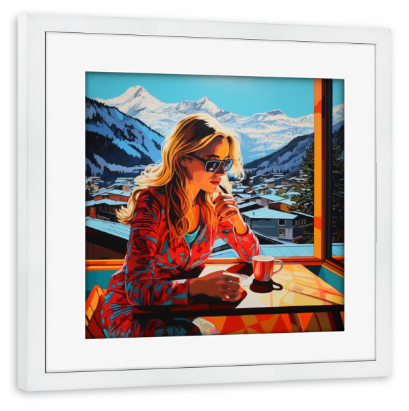 Poster mit Rahmen weiß "KAFFEE IN DEN ALPEN" artboxONE - Natur,Reise,Für Mama - Alpen,Kaffee,Morgen,Frau,Landschaft,Schweiz
