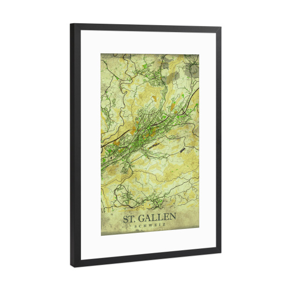 Poster mit Rahmen Schwarz (Metallic) "St. Gallen Vintage City Map" artboxONE - Städte,Kartografie