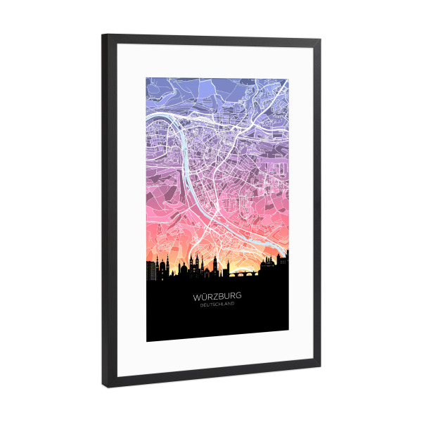 Poster mit Rahmen Schwarz (Metallic) "Würzburg Skyline Karte Pastell" artboxONE - Städte,Kartografie