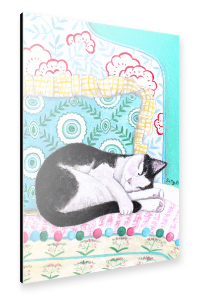 Alu-Dibond "Schlafende schwarze weiße Katze" 30x20 cm artboxONE
