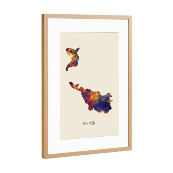 Poster mit Rahmen Kupfer "Bremen Stadtplan Beige" artboxONE - Kartografie - Bremen,Karte,Aquarell,Malerei,Stadtstaat,Deutschland