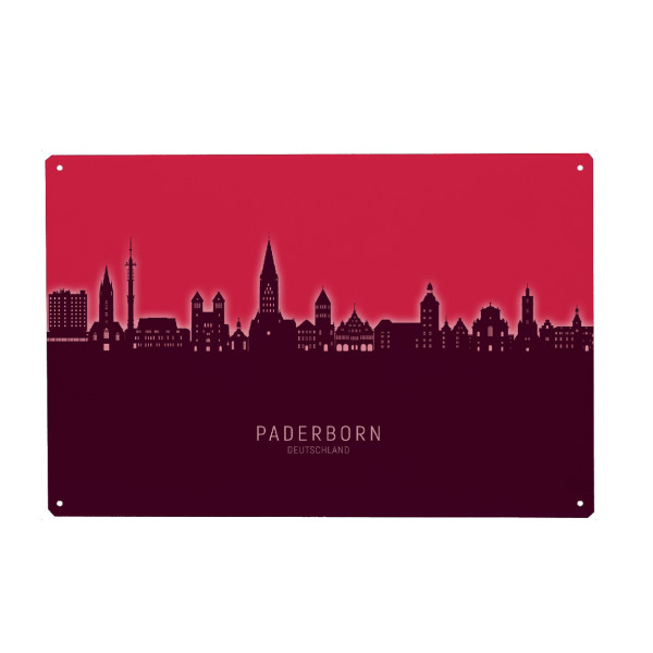 Holzbild "Paderborner Skyline leuchtend rot" artboxONE - Städte - Paderborn,Deutschland,Deutschlandskyline,Stadtbild,Stadtbild,Aquarell,Malerei