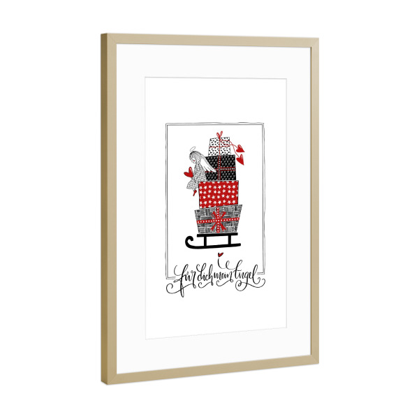 Poster mit Rahmen Gold "Für dich mein Engel" artboxONE - Weihnachten - Advent,Adventskalender,Weihnachten,Geschenk,Winter,Engel,Herz,Schlitten,Pakete