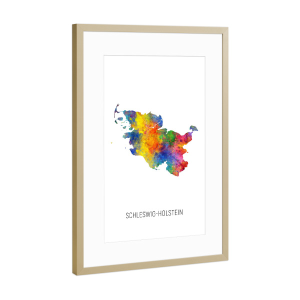 Poster mit Rahmen Gold "Landeskarte Schleswig-Holstein" artboxONE - Kartografie - Schleswig-holstein,Karte,Aquarell,Malerei,Landkarte,Deutschland