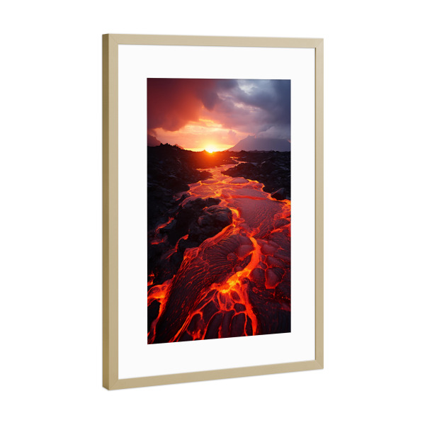 Poster mit Rahmen Gold "Vulkanausbruch" artboxONE - Natur,Reise - Vulkan,Krater,Lava,Hitze,Feuer,Berge,Natur,Reise,Himmel,Wolken,Ki
