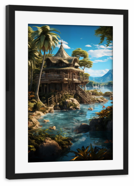 Poster mit Rahmen schwarz "Inseloase" artboxONE - Natur,Reise,Reise / Strand und Meer - Insel,Paradies,Natur,Reise,Palmen,Meer,Wasser,Himmel,Strand,Ki
