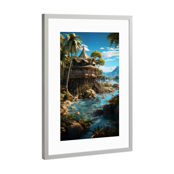 Poster mit Rahmen Silber "Inseloase" artboxONE - Natur,Reise,Reise / Strand und Meer - Insel,Paradies,Natur,Reise,Palmen,Meer,Wasser,Himmel,Strand,Ki