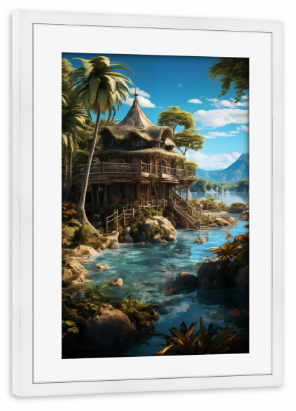 Poster mit Rahmen weiß "Inseloase" artboxONE - Natur,Reise,Reise / Strand und Meer - Insel,Paradies,Natur,Reise,Palmen,Meer,Wasser,Himmel,Strand,Ki