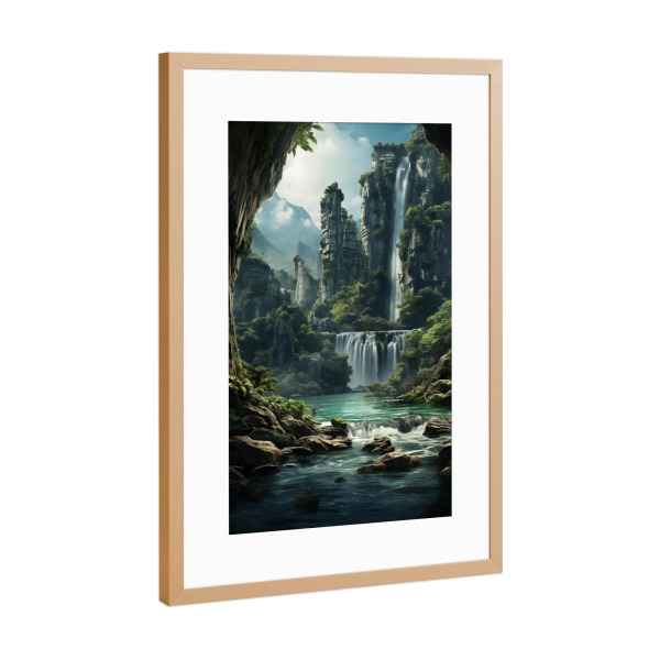 Poster mit Rahmen Kupfer "Magischer Wasserfall in den Bergen" artboxONE - Natur,Reise - Wasserfall,Wasser,Natur,Reise,Berge,Gebirge,Ki