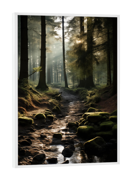 Poster mit weißem Rahmen "Mystische Waldlandschaft" artboxONE - Natur,Reise - Mystisch,Wald,Natur,Reise,Wasser,Steine,Fluss