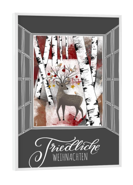 Poster mit weißem Rahmen "Weihnachtsfenster mit Hirsch" artboxONE - Weihnachten