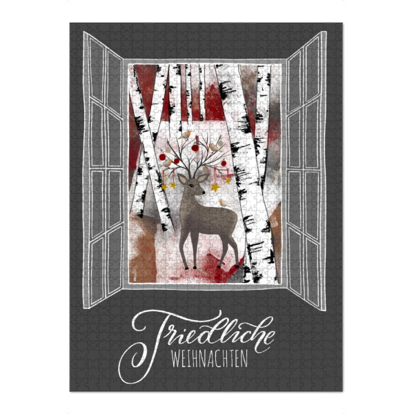 Puzzle Ravensburger "Weihnachtsfenster mit Hirsch" artboxONE - Weihnachten - Winterwald,Winterlandschaft,Hirsch,Christbaum,Weihnachten,Adventskalender