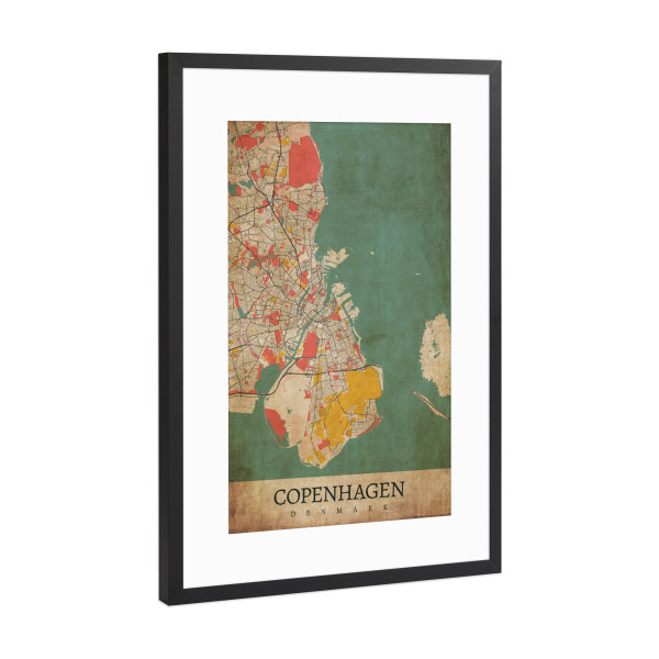 Poster mit Rahmen Schwarz (Metallic) "Vintage City Kopenhagen" artboxONE - Städte / København,Kartografie