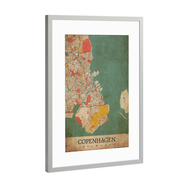 Poster mit Rahmen Silber "Vintage City Kopenhagen" artboxONE - Städte / København,Kartografie