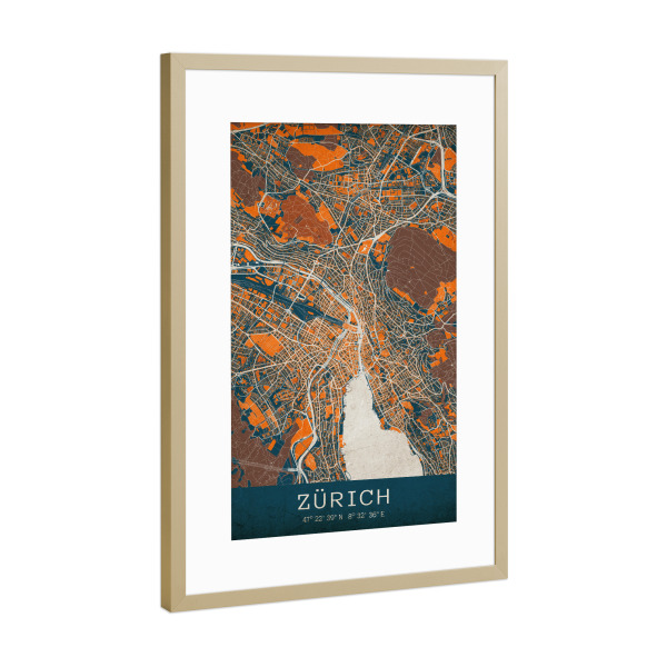 Poster mit Rahmen Gold "Zürich Stadtplan Vintage Lollipop" artboxONE - Städte / Zürich,Kartografie