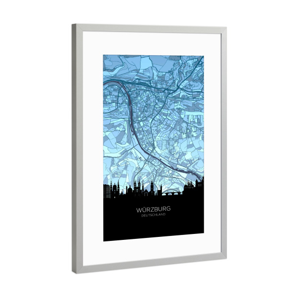 Poster mit Rahmen Silber "Würzburger Skyline-Karte" artboxONE - Städte,Kartografie