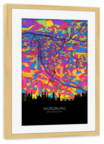 Poster mit Rahmen kiefer "Würzburg Skyline Karte Neon" artboxONE - Städte,Kartografie