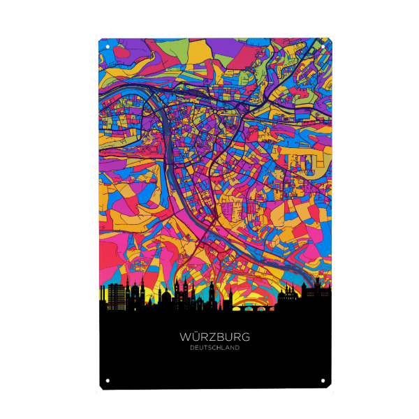 Holzbild "Würzburg Skyline Karte Neon" artboxONE - Städte,Kartografie