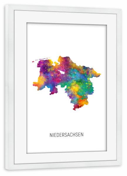 Poster mit Rahmen weiß "Landeskarte von Niedersachsen" artboxONE - Kartografie - Niedersachsen,Karte,Aquarell,Malerei,Landeskarte,Deutschland