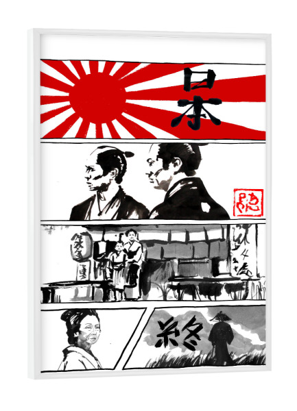 Poster mit weißem Rahmen "Manga Japan weiß" artboxONE - Reise / Asien,Männer - Japan,Manga,Samurai,Geisha,Sumie