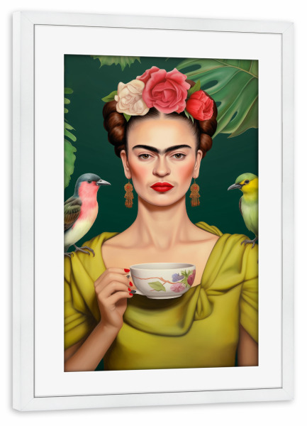 Poster mit Rahmen weiß "Frida Trinkt Tee" artboxONE - Floral,Essen & Trinken,Menschen