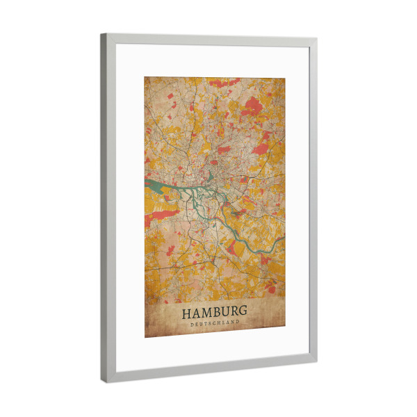 Poster mit Rahmen Silber "Hamburger City Retro Karte" artboxONE - Städte / Hamburg,Kartografie