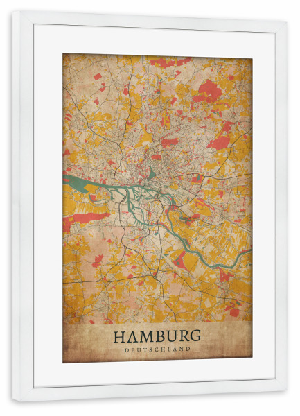 Poster mit Rahmen weiß "Hamburger City Retro Karte" artboxONE - Städte / Hamburg,Kartografie