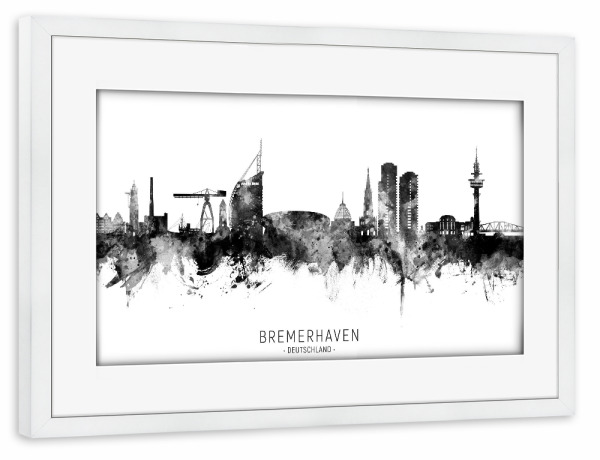 Poster mit Rahmen weiß "Bremerhaven Skyline BW Text" artboxONE - Städte,Schwarzweiß