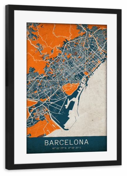 Poster mit Rahmen schwarz "Barcelona als Vintage Stadtplan" artboxONE - Städte / Barcelona,Kartografie