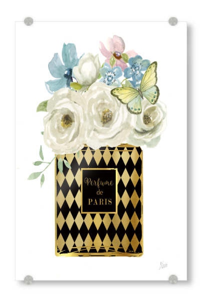 Acrylglasbild "Harlekin-Blumenparfüm" artboxONE - Floral,Tiere,Fashion - Blumen,Schmetterling,Parfüm,Floral