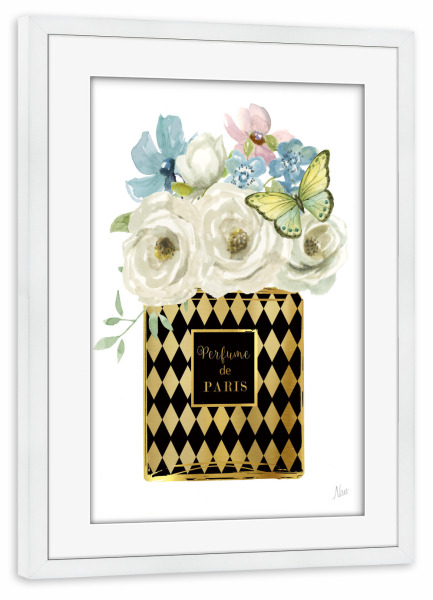 Poster mit Rahmen weiß "Harlekin-Blumenparfüm" artboxONE - Floral,Tiere,Fashion - Blumen,Schmetterling,Parfüm,Floral